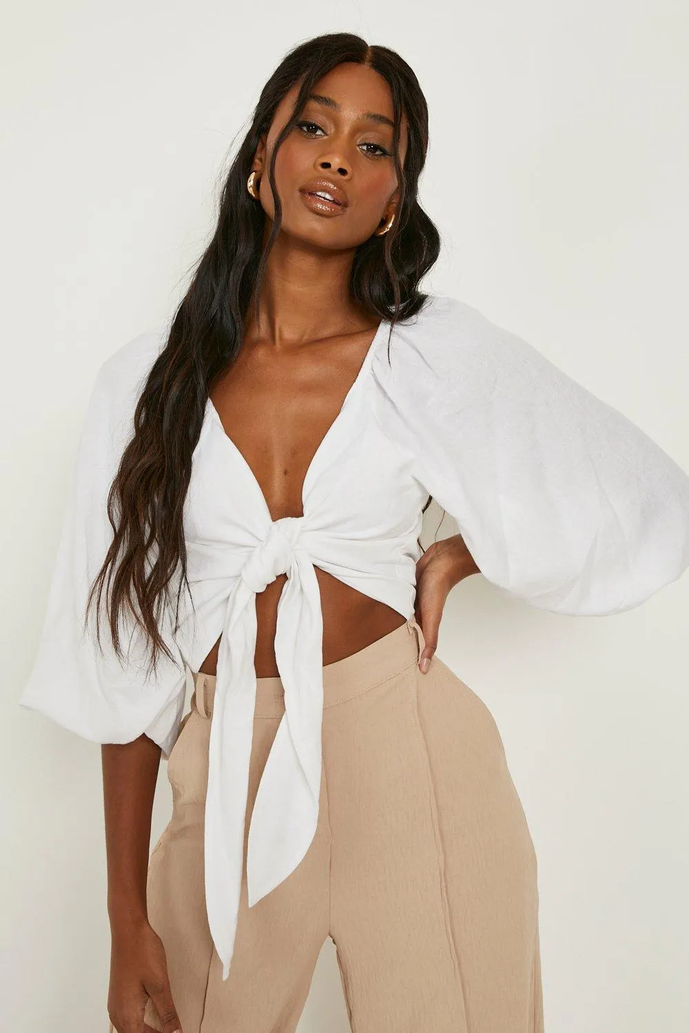 Puff Sleeve Tie Front Linen Crop Top